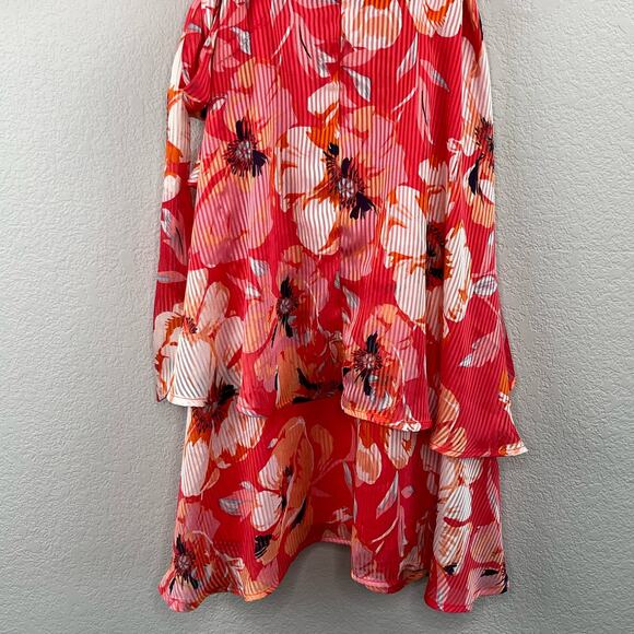 Tahari ASL Ruffle Hem Tie Waist V-Neck Short Sleeve Pink Floral Mini Dress 2 NWT - Picture 14 of 16